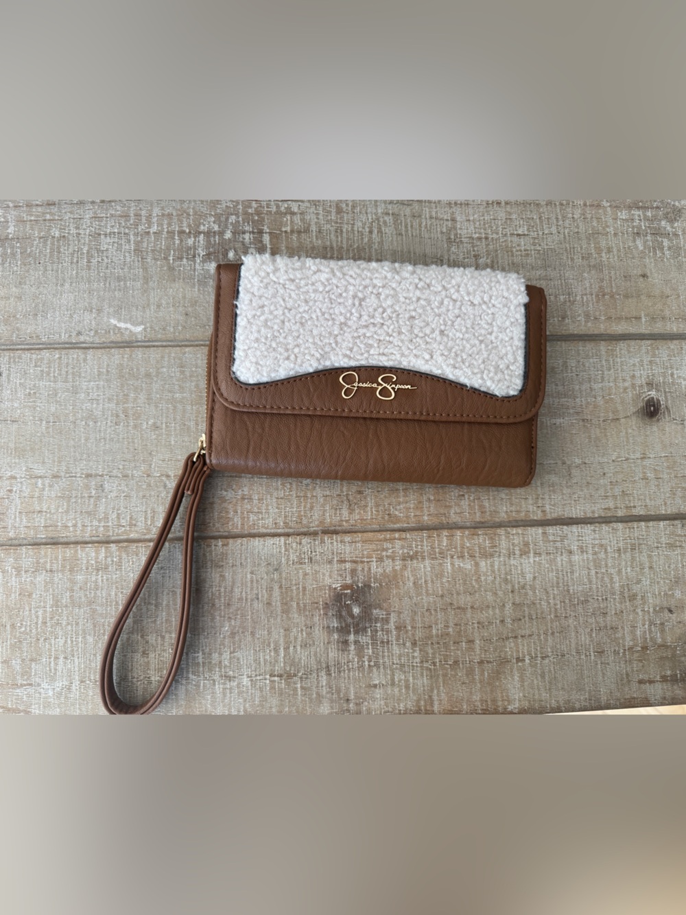 Jessica Simpson Brown and Cream Sherpa Wristlet